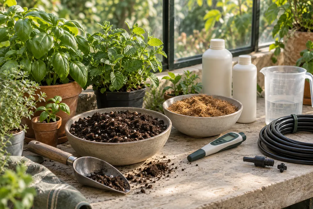 Établi de préparation : godets de basilic et de menthe, terreau, fibre de coco, mesureur de pH et d'EC, pichet doseur, tuyau d'irrigation et flacons de nutrition.