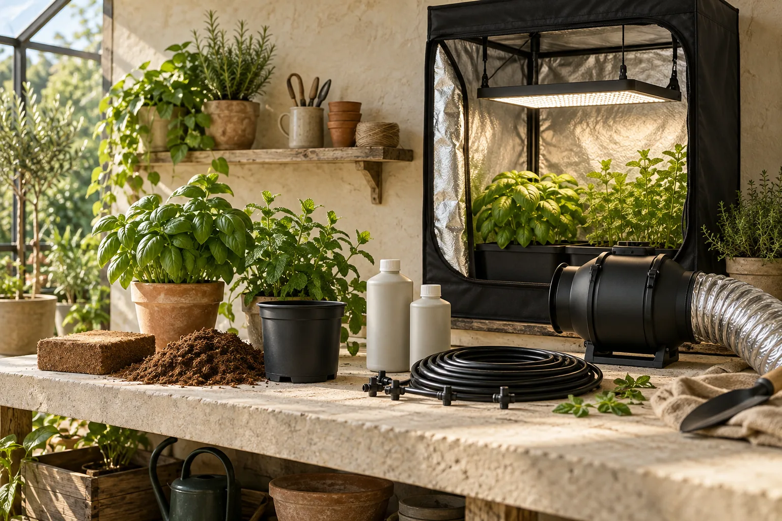 Atelier de jardinage d'intérieur : tente de culture ouverte, éclairage LED au-dessus de plants de basilic et de menthe, extracteur d'air avec gaine, fibre de coco et tuyau d'irrigation.